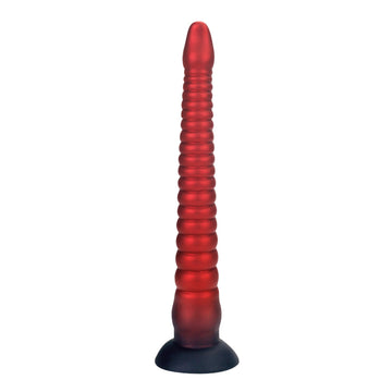 Czerwone tentacle dildo z segmentowaną fakturą i przyssawką