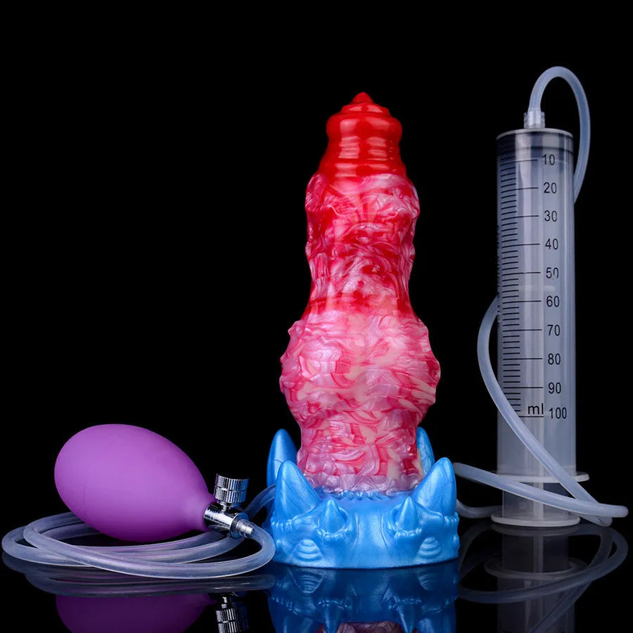 Pompowane dog dildo z funkcją wytrysku — produkt z pompką oraz strzykawką