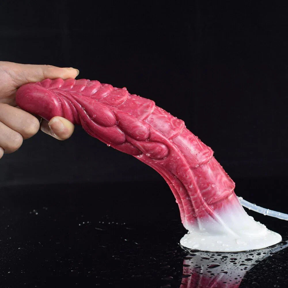 Różowe dildo z wytryskiem i białą podstawą