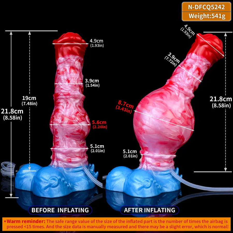 Wymiary horse dildo przed i po napełnieniu
