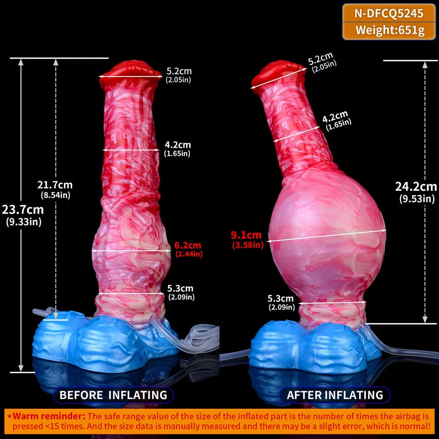 Wymiary horse dildo przed i po napełnieniu