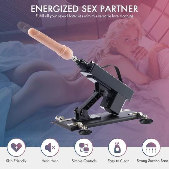 Czarna sex machine z wymiennymi końcówkami — maszyna z przyssawkami na podstawie