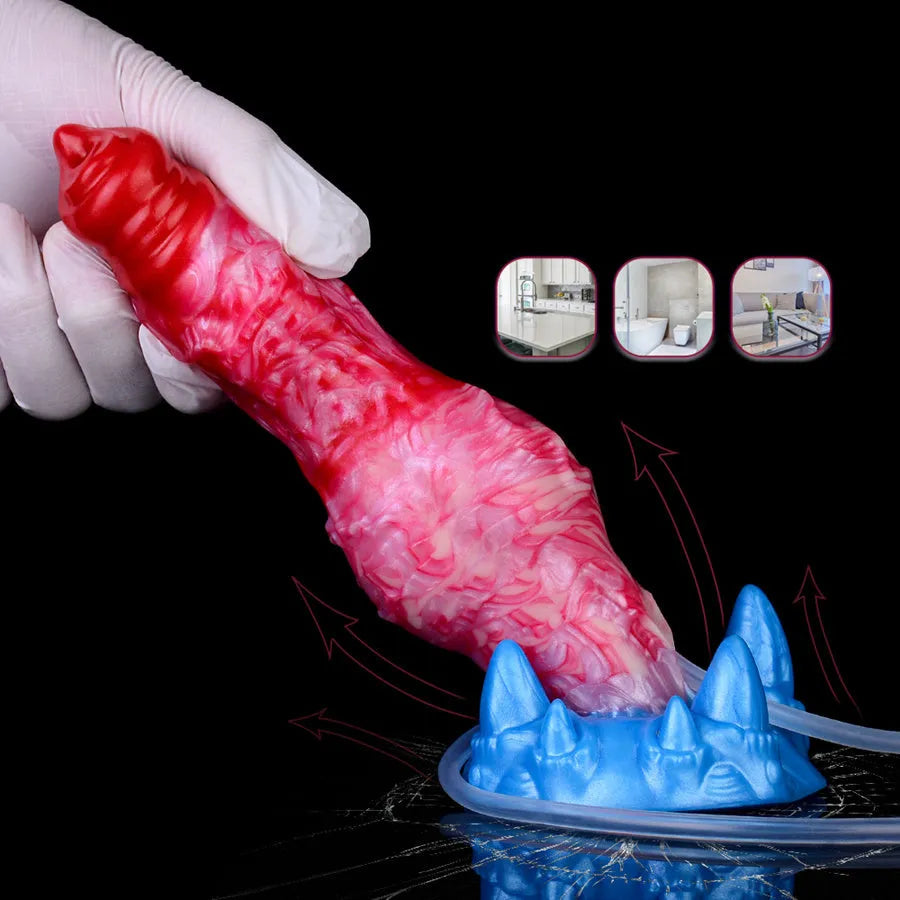 Pompowane dog dildo z funkcją wytrysku — ugięty trzon w dłoni