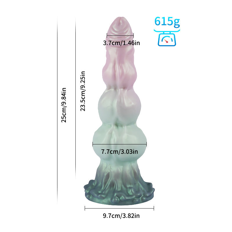 Wymiary biało-zielonego dildo fantasy z węzłami