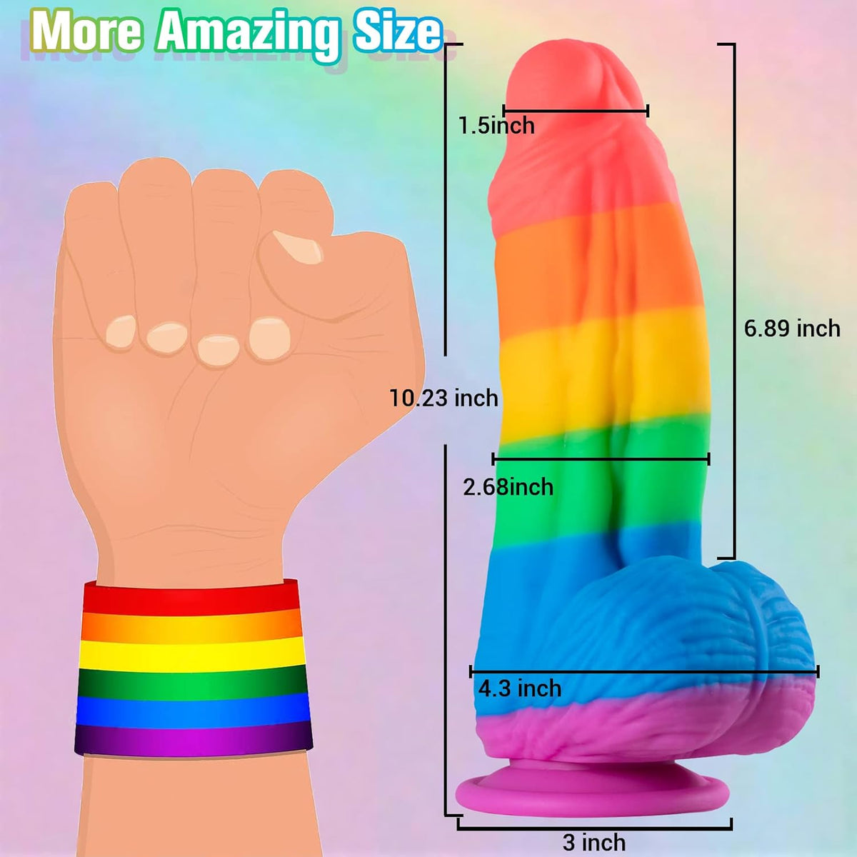 Wymiary grubego tęczowego dildo o długości 17,5 cm