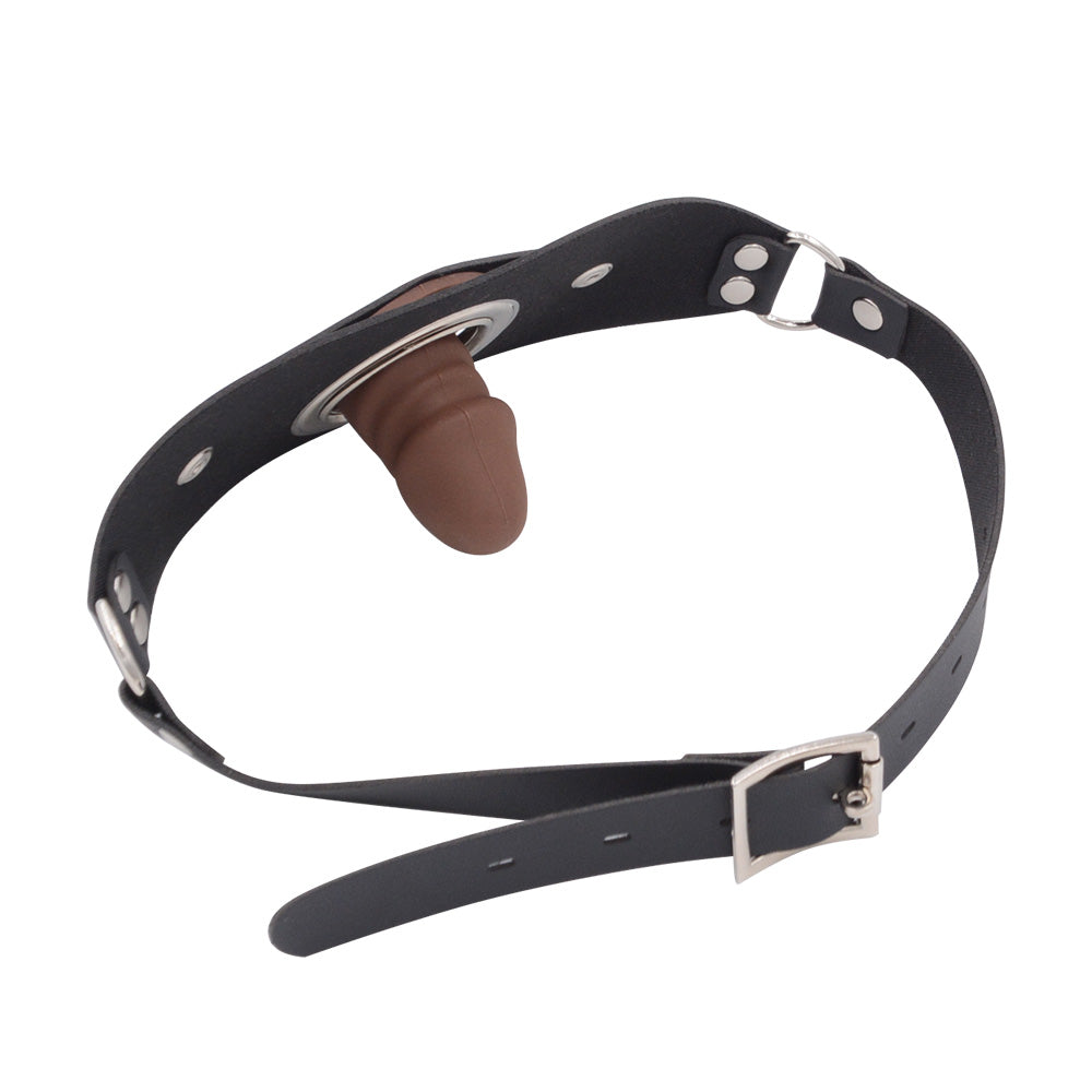 Knebel BDSM z krótkim brązowym dildo