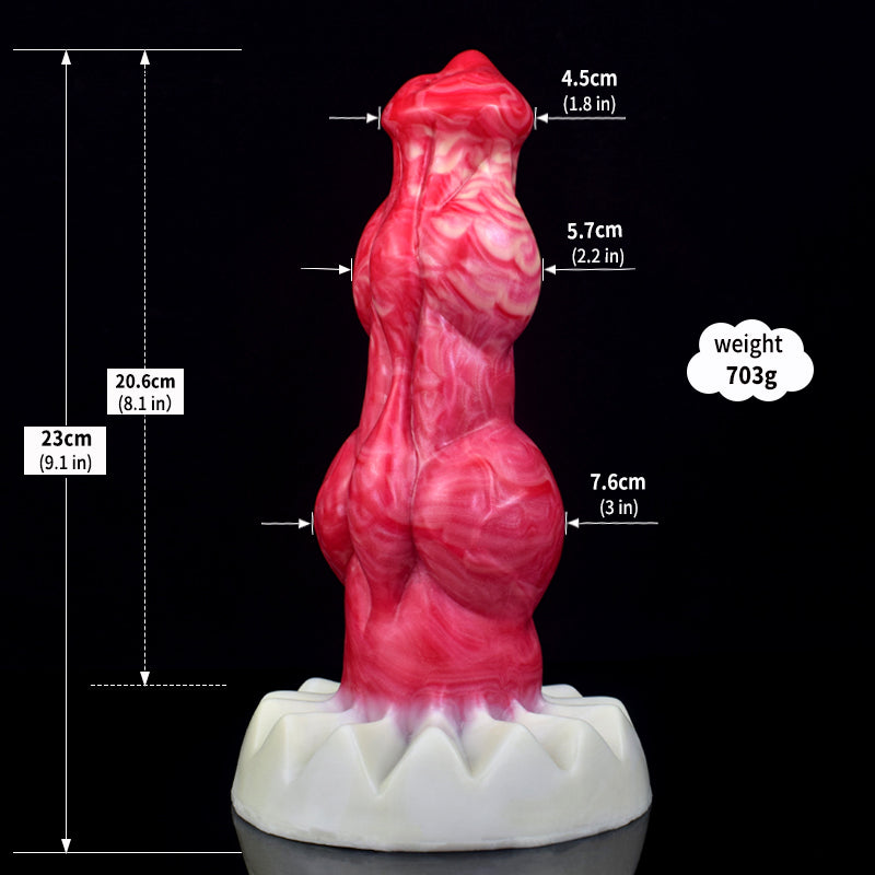 Wymiary dildo: 23 cm długości, 20,6 cm części użytkowej i 703 g