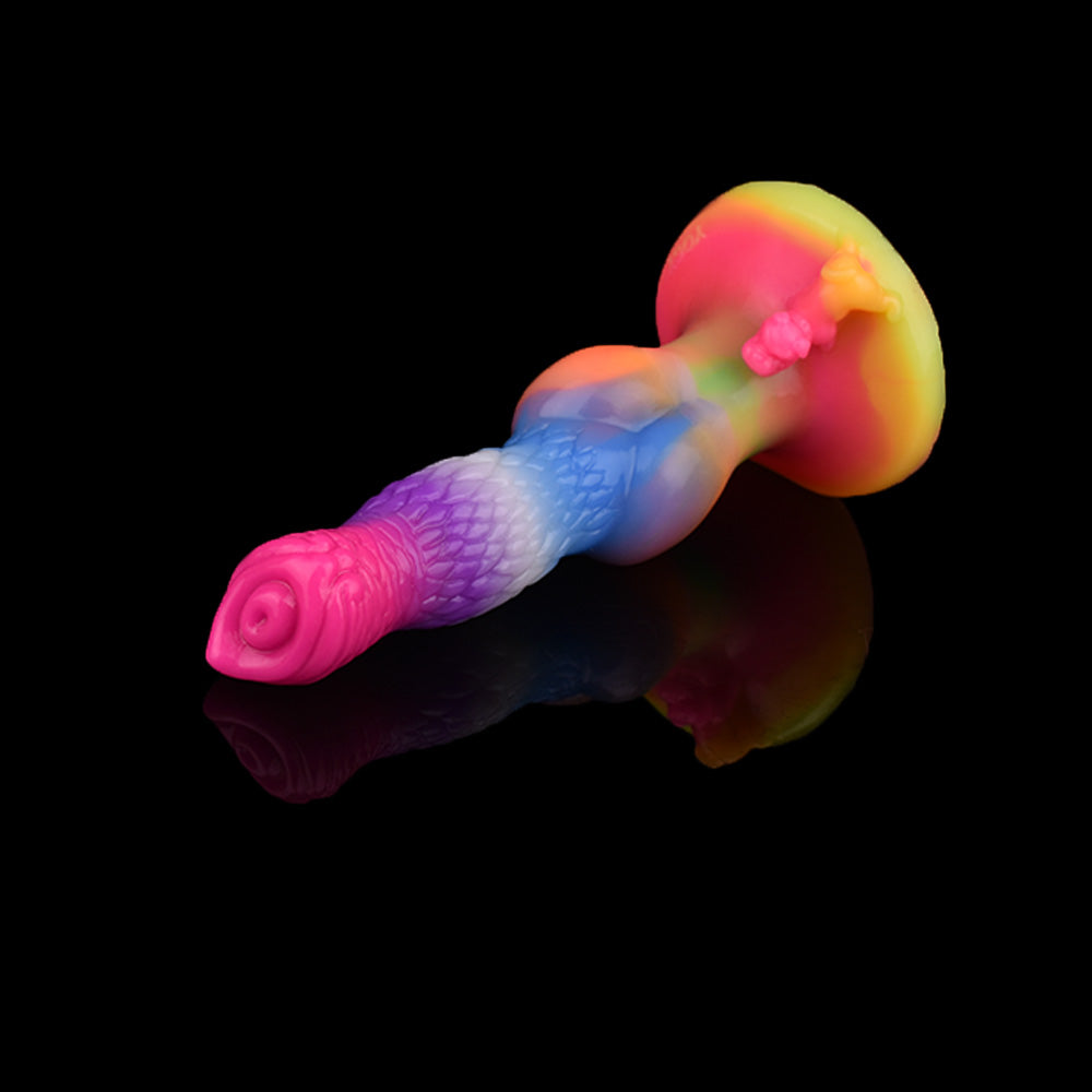 Dyskowa podstawa z małym uchwytem przy tęczowym dildo