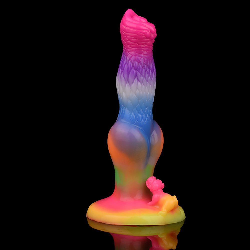 Świecące tęczowe dildo fantasy z psim węzłem i przyssawką