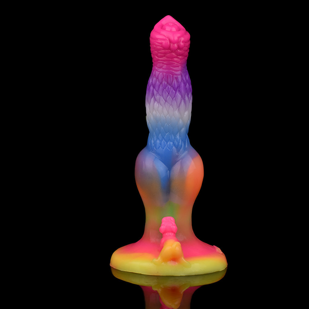 Świecące tęczowe dildo fantasy z psim węzłem i przyssawką