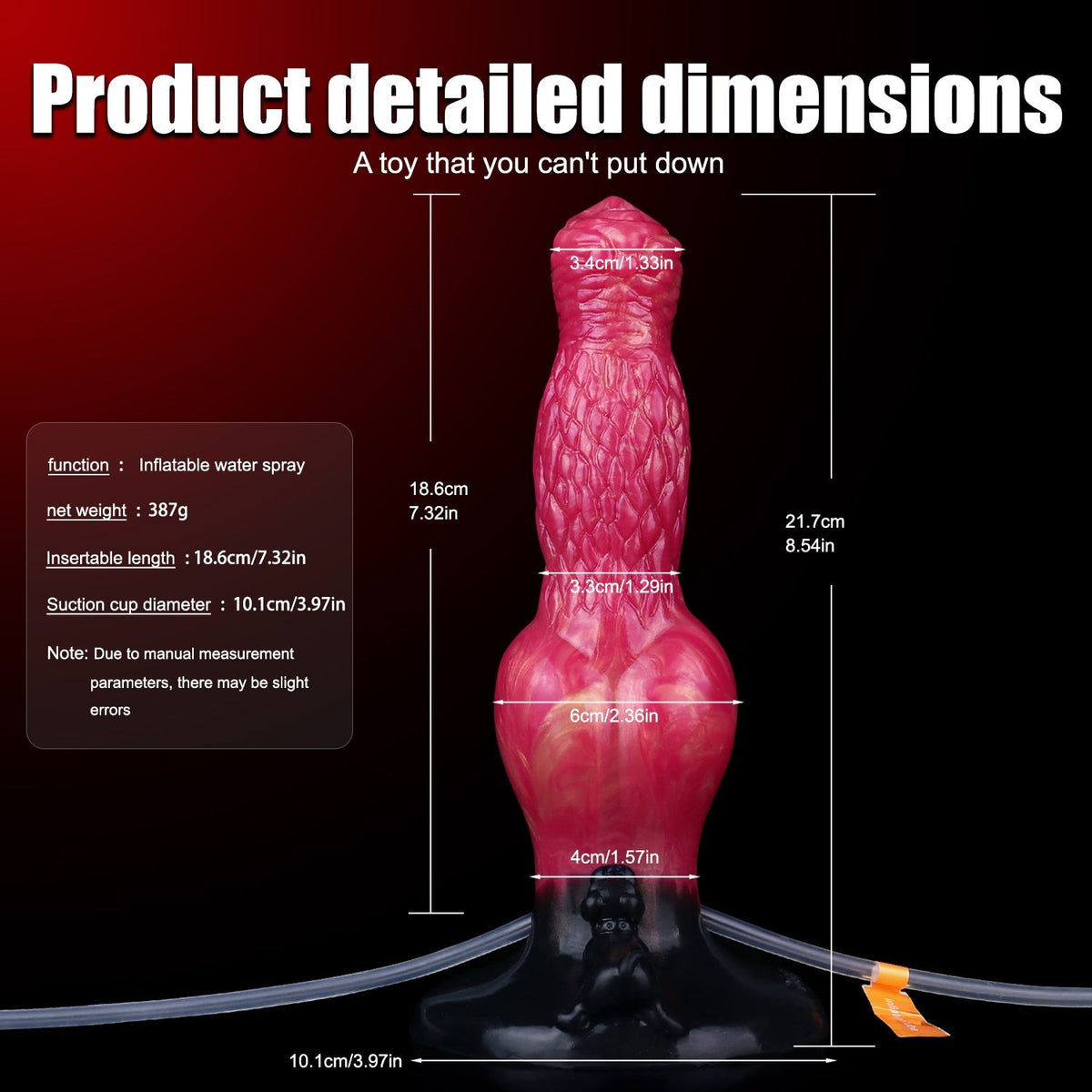 Wymiary pompowanego dildo fantasy 21,7 cm
