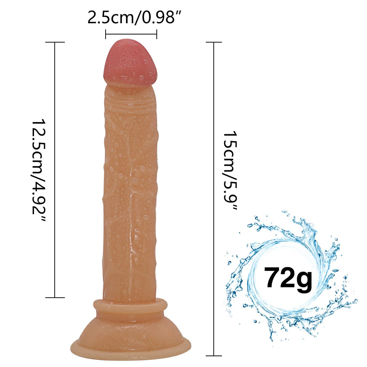 Wymiary smukłego dildo: 15 cm długości i 2,5 cm średnicy