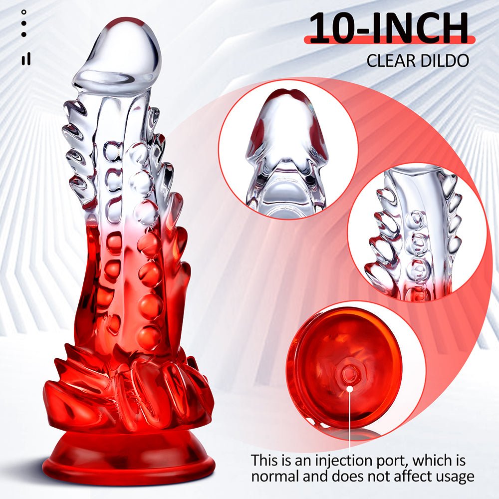 Wymiary przezroczysto-czerwonego dragon dildo z szeroką podstawą