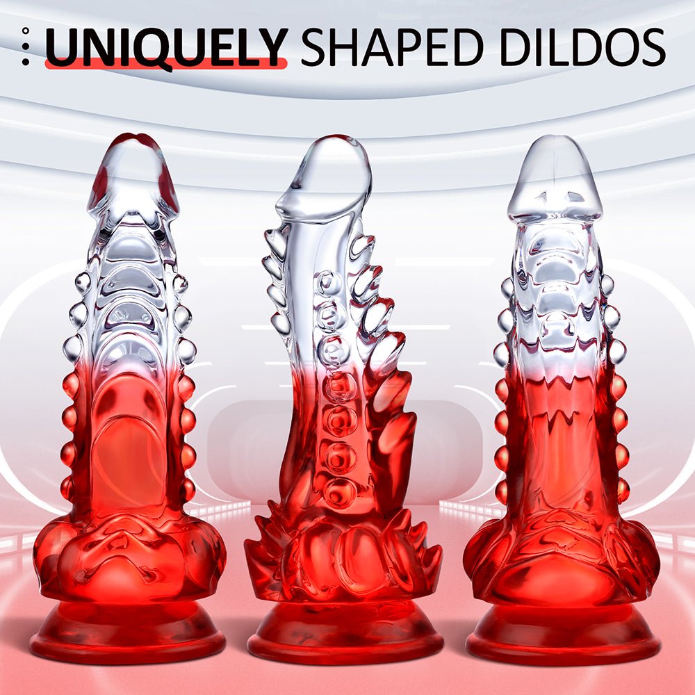 Dragon dildo przezroczysto-czerwone z łuskami i przyssawką