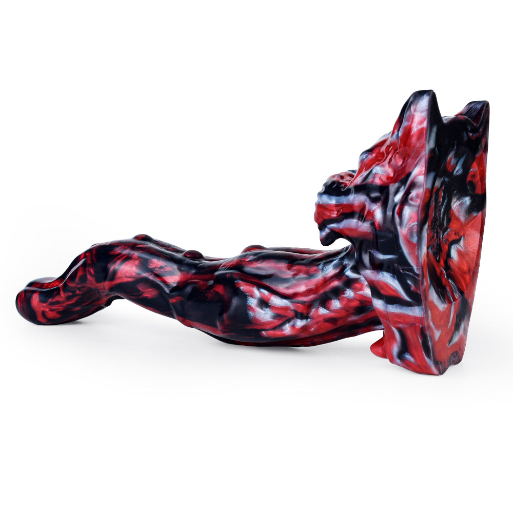 Poziomy widok czerwono-czarnego dildo fantasy