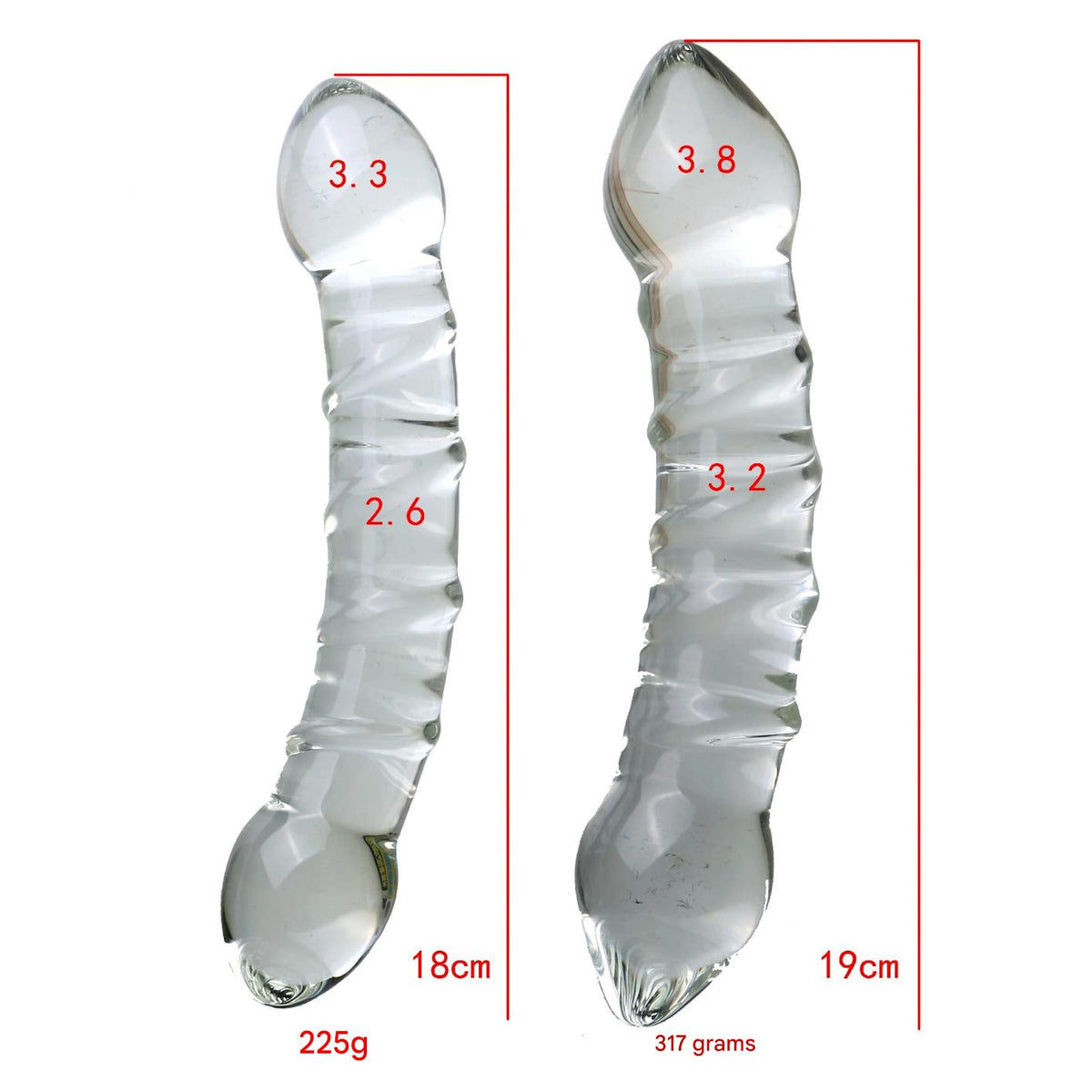 Porównanie wymiarów szklanego podwójnego dildo w rozmiarach S i M
