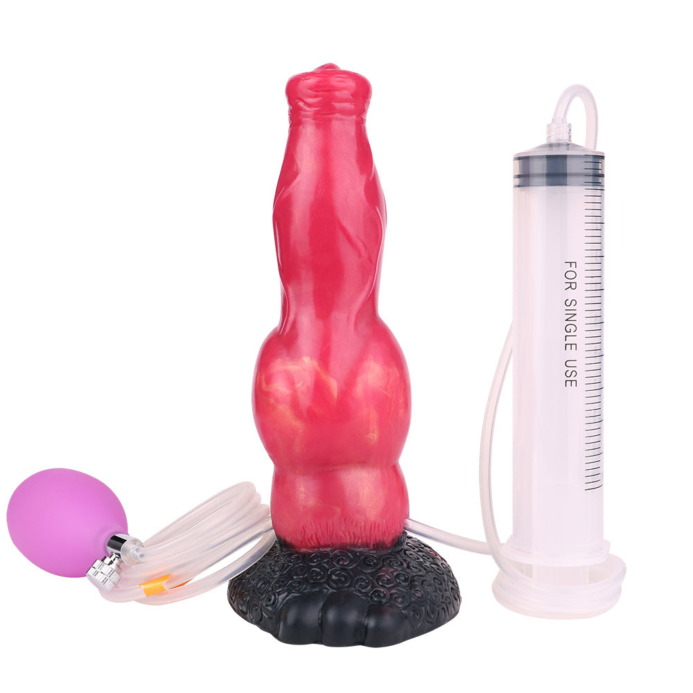 Czerwone pompowane dildo psie z pompką i strzykawką