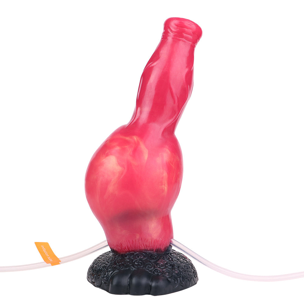 Czerwone pompowane dildo psie z pompką i strzykawką
