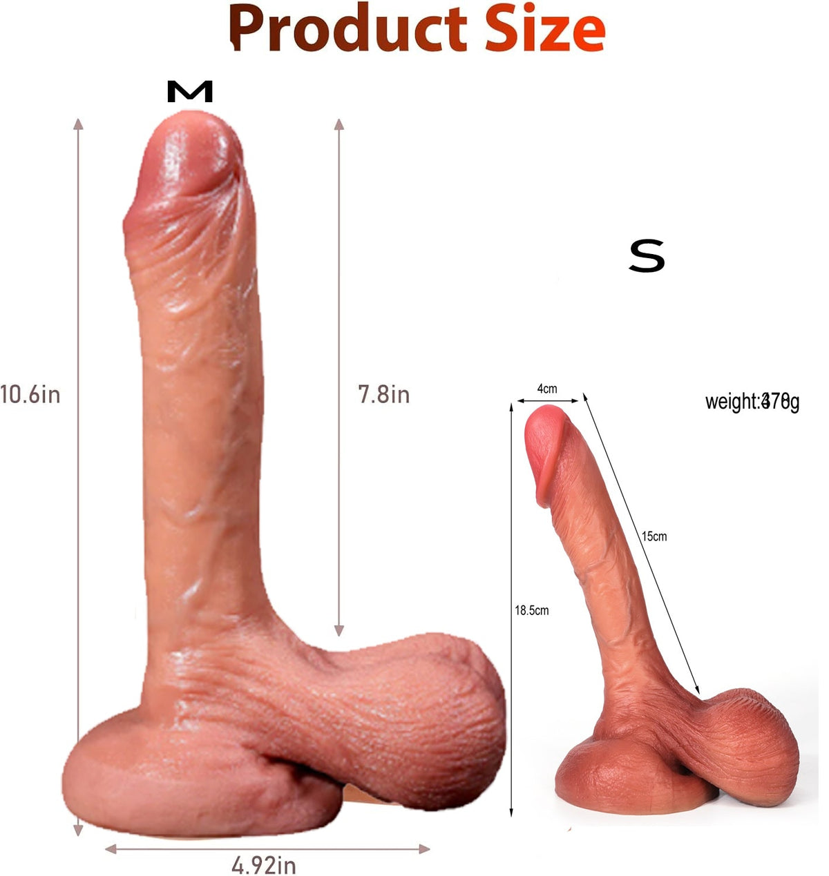 Wymiary wariantów S i M realistycznego dildo