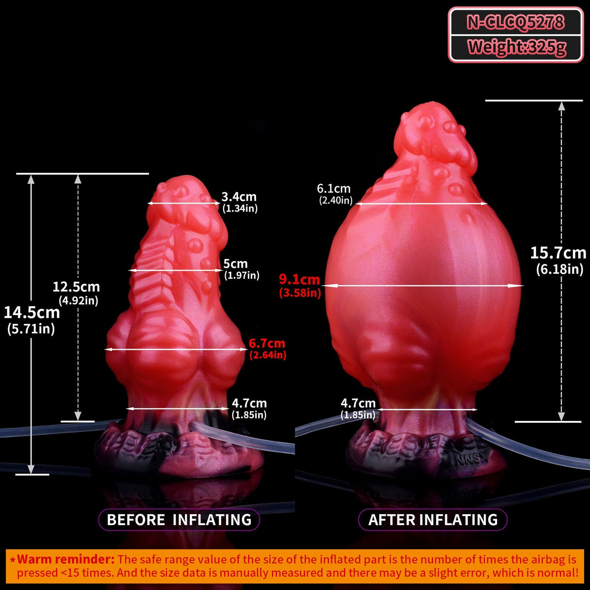 Wymiary dildo przed i po napompowaniu do 15,7 cm