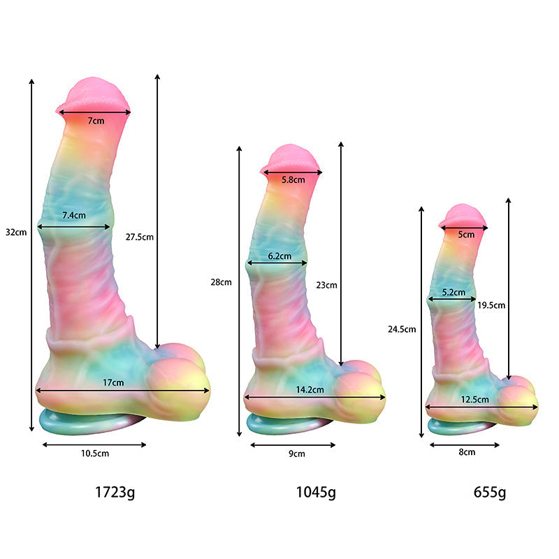 Wymiary tęczowego dildo w rozmiarach S, M i L