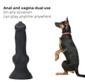 Czarne dog dildo z węzłem i przyssawką obok sylwetki psa