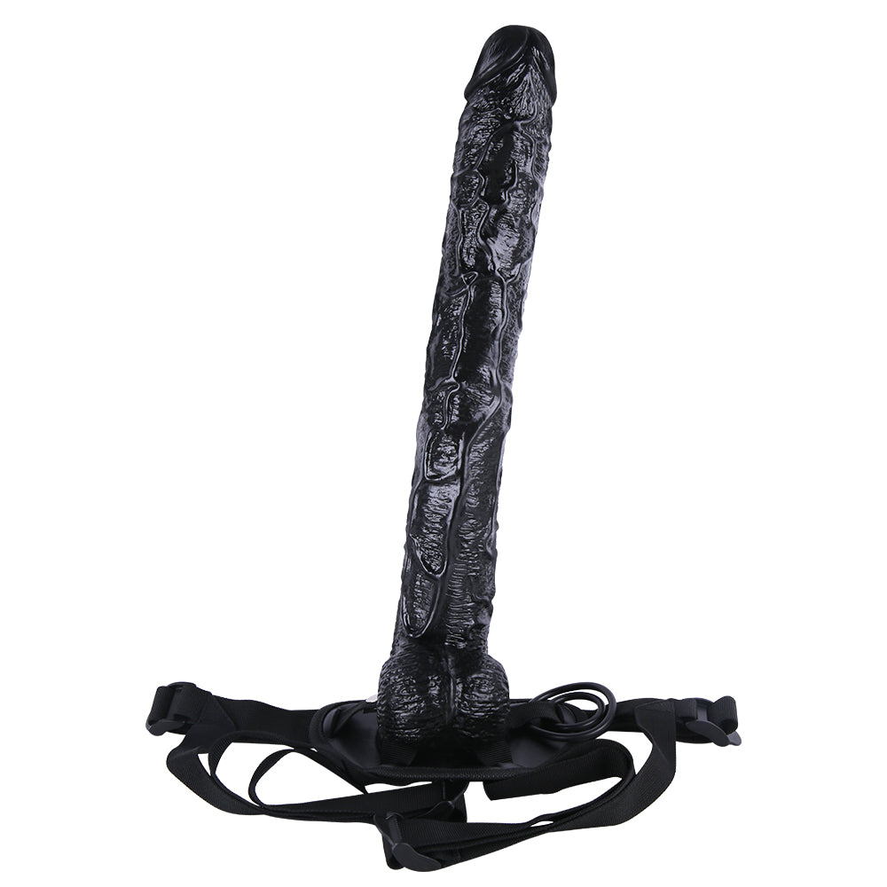 Czarne dildo XXL strap-on widziane z przodu