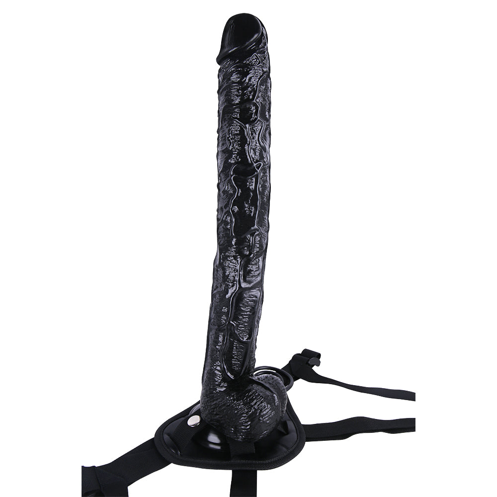 Długie czarne dildo strap-on z uprzężą