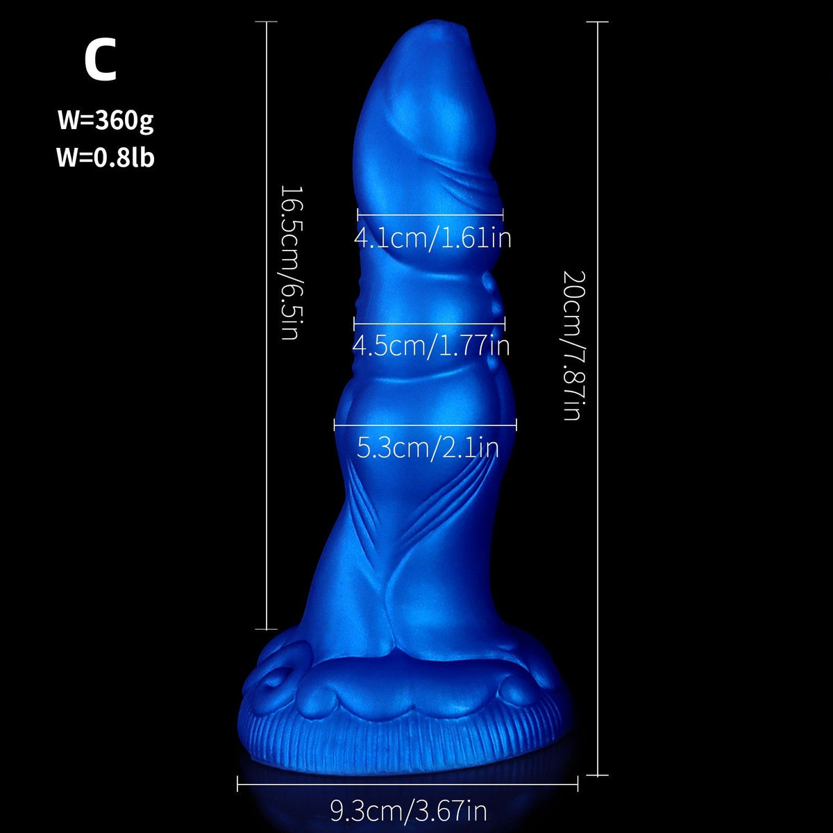 Wymiary niebieskiego dildo fantasy w modelu C