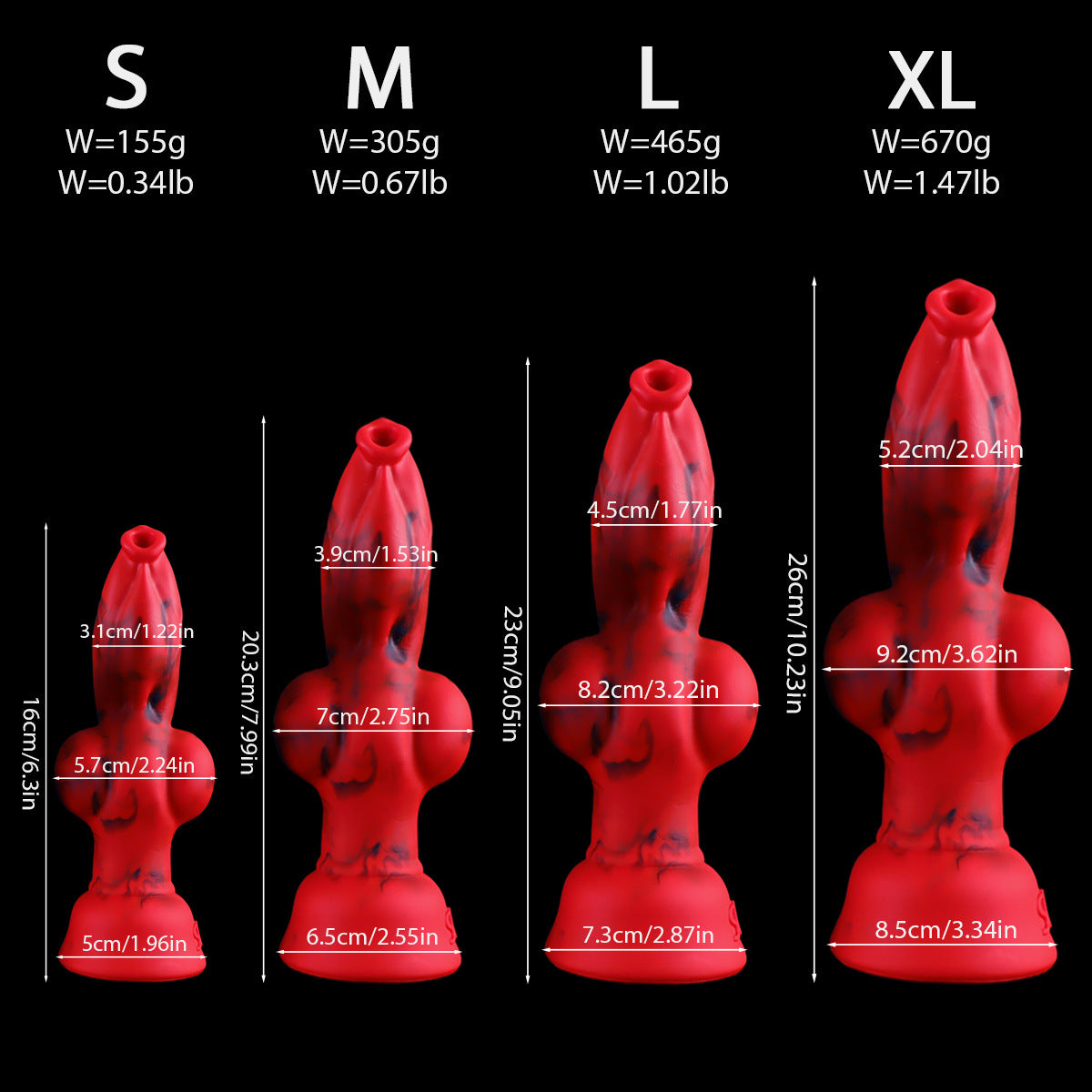 Zestawienie rozmiarów S, M, L i XL dilda z węzłem