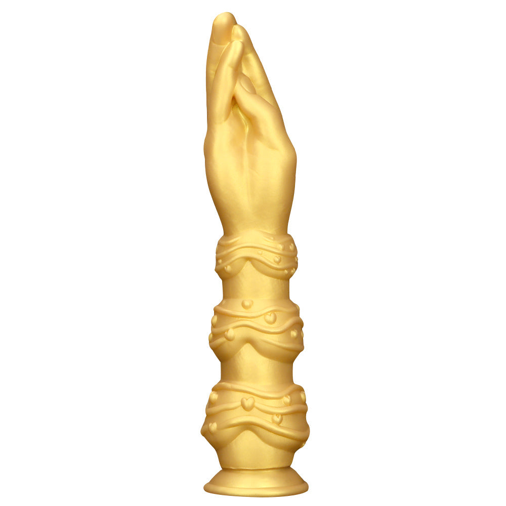 Złote silikonowe dildo w kształcie dłoni z ozdobnym trzonem