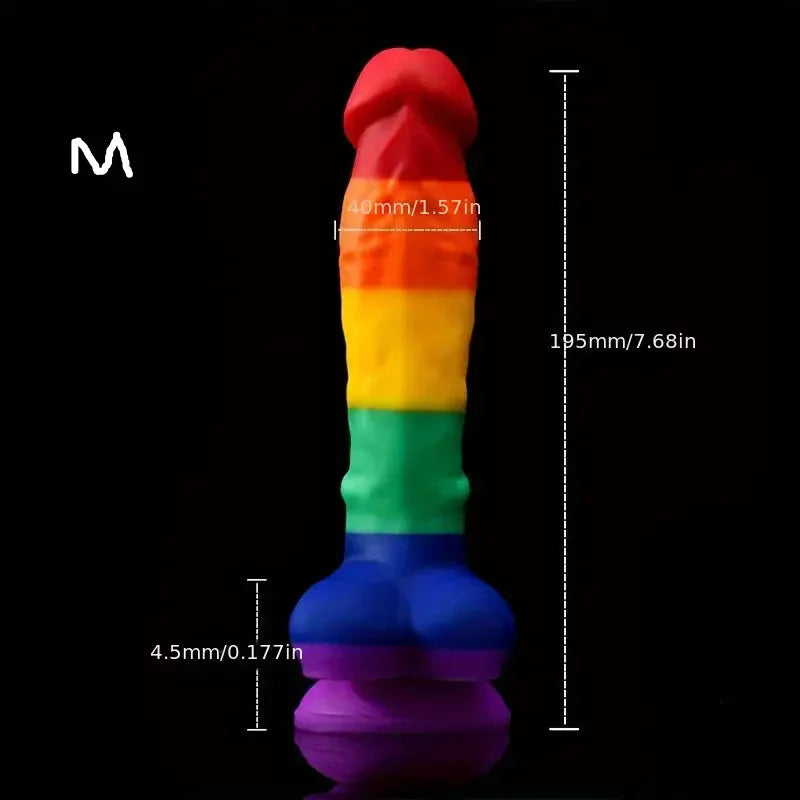 Wymiary tęczowego dildo w rozmiarze M – 19,5 cm