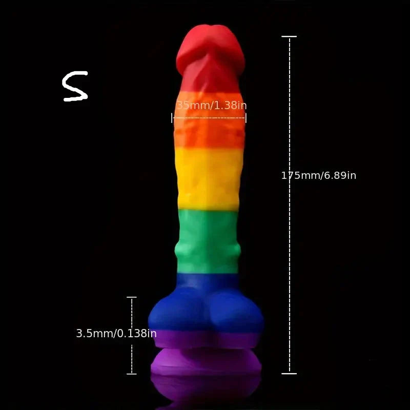Wymiary tęczowego dildo w rozmiarze S – 17,5 cm