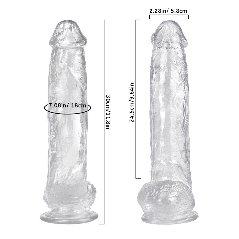 Wymiary przezroczystego dildo: 30 cm długości i 5,8 cm średnicy
