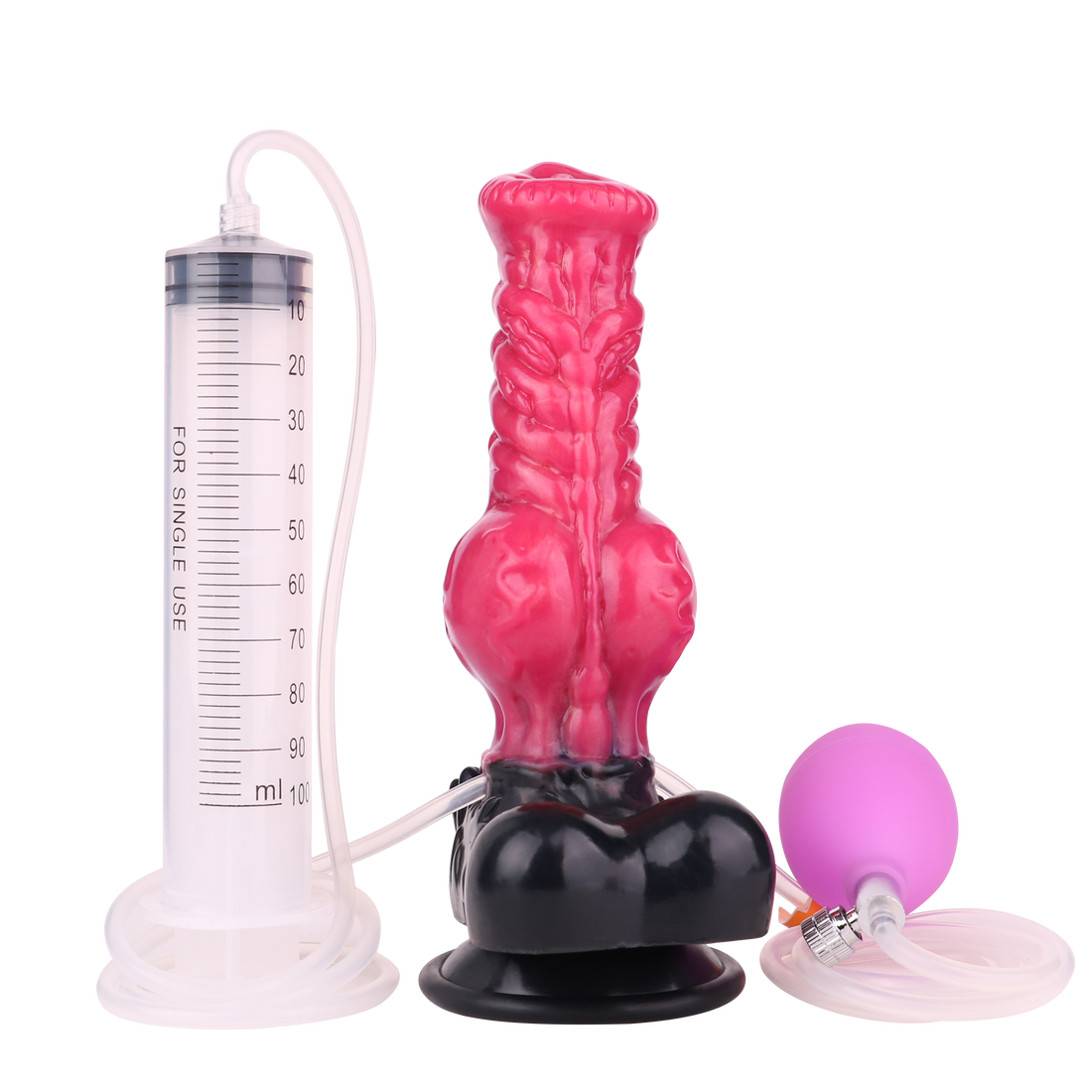 Czerwone pompowane dildo wilcze z pompką i strzykawką