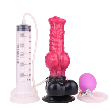 Czerwone pompowane dildo wilcze z pompką i strzykawką